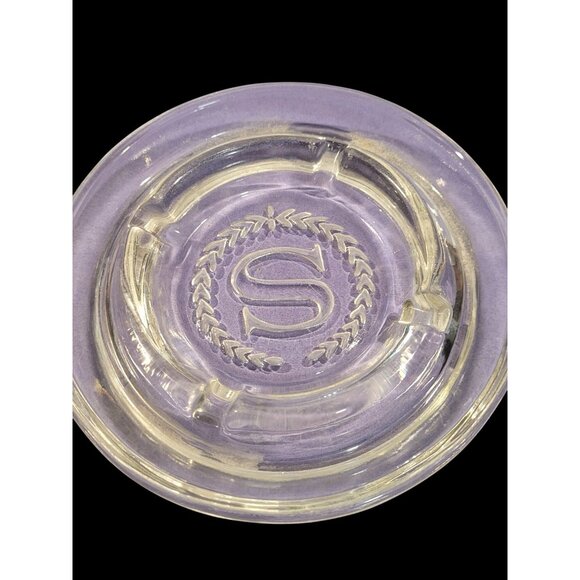 Clear Glass Ashtray With Etched "S" Monogram & Laurel Wreath Design - Picture 3 of 5